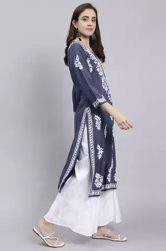 Seva chikan hand embroidered grey rayon lucknowi chikan kurta