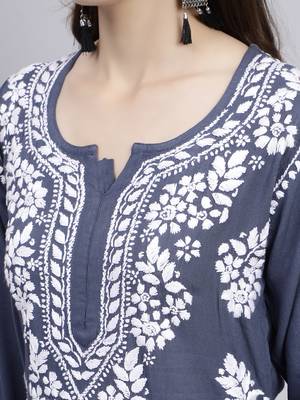 Seva chikan hand embroidered grey rayon lucknowi chikan kurta 4