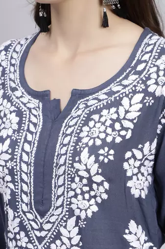 Seva chikan hand embroidered grey rayon lucknowi chikan kurta