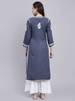 Seva chikan hand embroidered grey rayon lucknowi chikan kurta 5