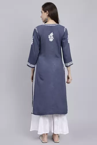 Seva chikan hand embroidered grey rayon lucknowi chikan kurta