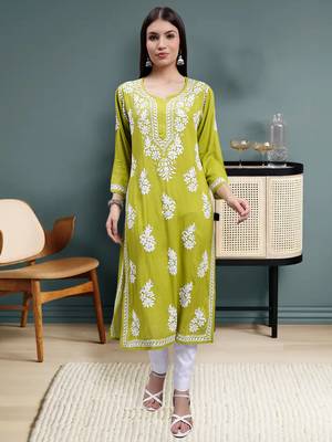 hand embroidered mehendi green rayon lucknowi chikan kurta 1