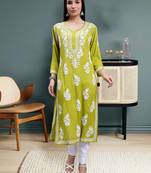 hand embroidered mehendi green rayon lucknowi chikan kurta