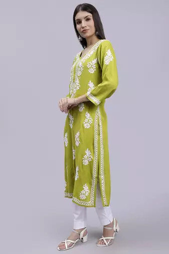 hand embroidered mehendi green rayon lucknowi chikan kurta
