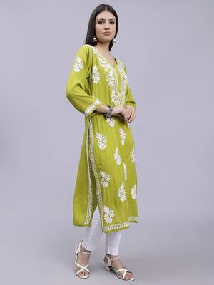 hand embroidered mehendi green rayon lucknowi chikan kurta 3
