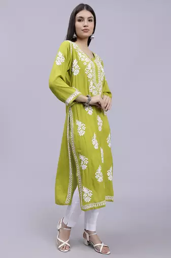 hand embroidered mehendi green rayon lucknowi chikan kurta