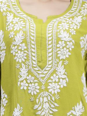 hand embroidered mehendi green rayon lucknowi chikan kurta 4