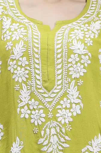 hand embroidered mehendi green rayon lucknowi chikan kurta