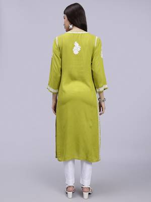 hand embroidered mehendi green rayon lucknowi chikan kurta 5