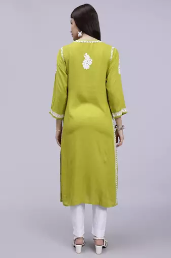 hand embroidered mehendi green rayon lucknowi chikan kurta