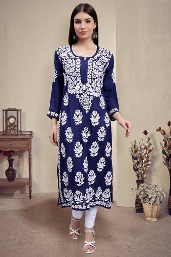 hand embroidered navy blue  modal lucknowi chikan kurta