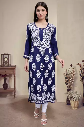 hand embroidered navy blue  modal lucknowi chikan kurta