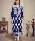 hand embroidered navy blue  modal lucknowi chikan kurta