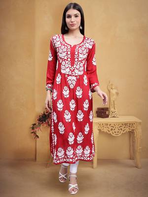 Seva chikan hand embroidered maroon modal lucknowi chikan kurta 1