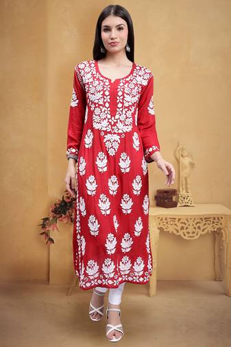 Seva chikan hand embroidered maroon modal lucknowi chikan kurta