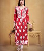 Seva chikan hand embroidered maroon modal lucknowi chikan kurta
