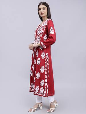 Seva chikan hand embroidered maroon modal lucknowi chikan kurta 2