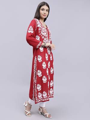 Seva chikan hand embroidered maroon modal lucknowi chikan kurta 3