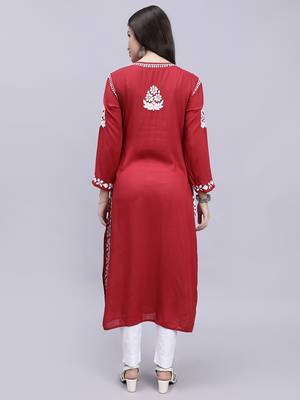 Seva chikan hand embroidered maroon modal lucknowi chikan kurta 5