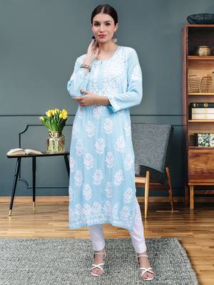 hand embroidered blue modal lucknowi chikan kurta 1