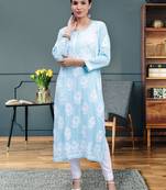 hand embroidered blue modal lucknowi chikan kurta