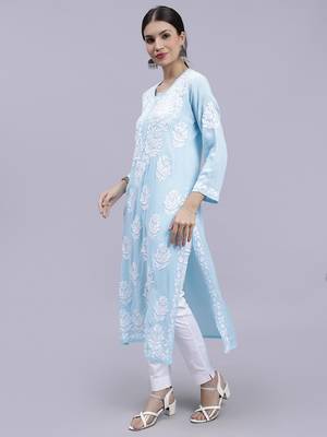 hand embroidered blue modal lucknowi chikan kurta 2