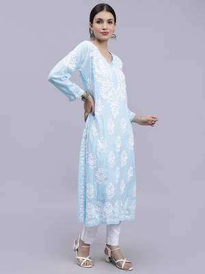 hand embroidered blue modal lucknowi chikan kurta 3