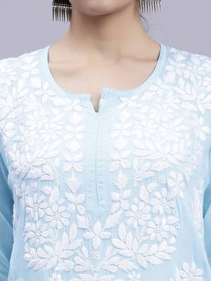 hand embroidered blue modal lucknowi chikan kurta 4