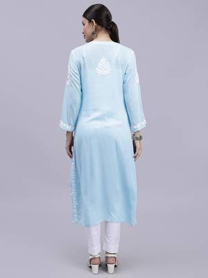 hand embroidered blue modal lucknowi chikan kurta 5