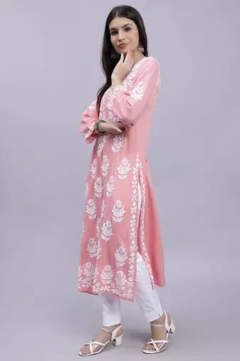 Seva chikan hand embroidered peach modal lucknowi chikan kurta