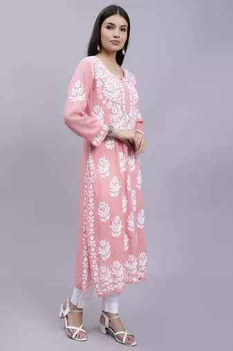Seva chikan hand embroidered peach modal lucknowi chikan kurta
