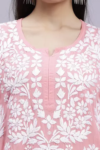 Seva chikan hand embroidered peach modal lucknowi chikan kurta