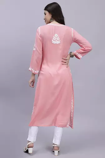 Seva chikan hand embroidered peach modal lucknowi chikan kurta