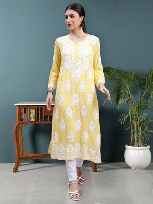 hand embroidered yellow modal lucknowi chikan kurta 1