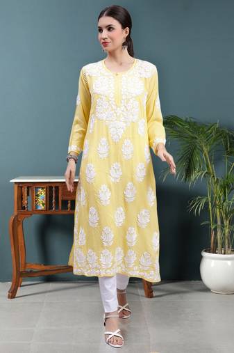 hand embroidered yellow modal lucknowi chikan kurta