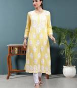hand embroidered yellow modal lucknowi chikan kurta