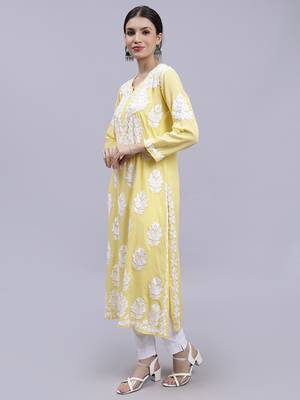 hand embroidered yellow modal lucknowi chikan kurta 2