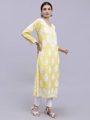 hand embroidered yellow modal lucknowi chikan kurta 3