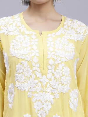 hand embroidered yellow modal lucknowi chikan kurta 4