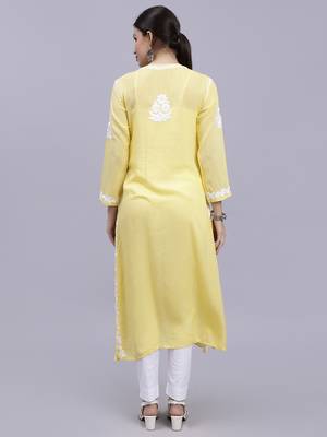 hand embroidered yellow modal lucknowi chikan kurta 5