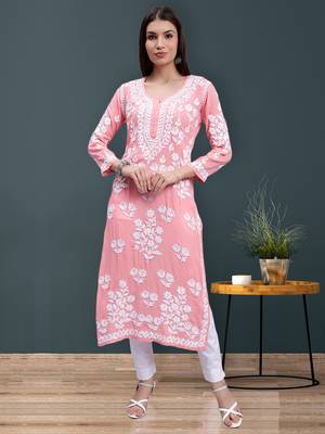 hand embroidered peach modal lucknowi chikan kurta 1