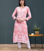 hand embroidered peach modal lucknowi chikan kurta