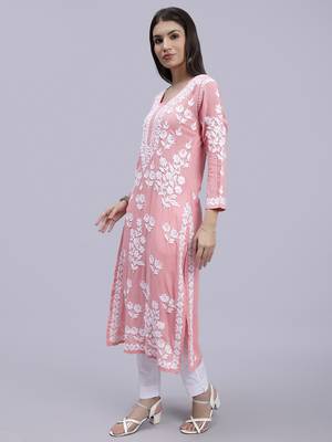 hand embroidered peach modal lucknowi chikan kurta 2