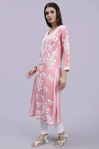 hand embroidered peach modal lucknowi chikan kurta