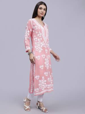 hand embroidered peach modal lucknowi chikan kurta 3