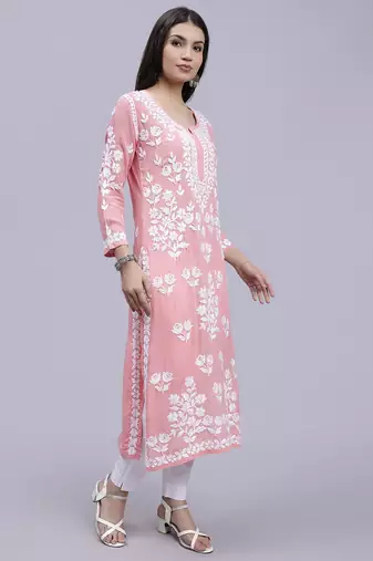hand embroidered peach modal lucknowi chikan kurta