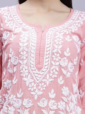hand embroidered peach modal lucknowi chikan kurta 4