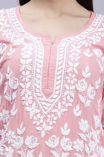 hand embroidered peach modal lucknowi chikan kurta