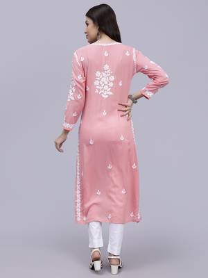 hand embroidered peach modal lucknowi chikan kurta 5