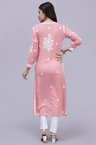 hand embroidered peach modal lucknowi chikan kurta